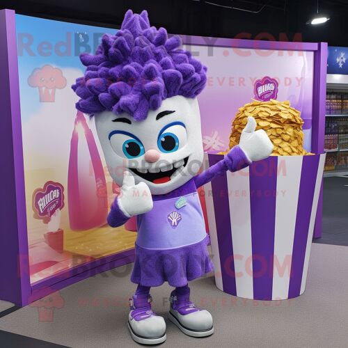 Mascotte Redbrokoly De Personnage Pop Corn Violet Habillé Avec Un Jean Flare Et Des Pochettes De Costume