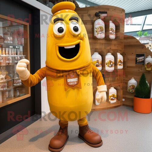 Personnage De Costume De Mascotte Redbrokoly De Bouteille De Moutarde Brune Habillé D'une Salopette Et D'épinglettes
