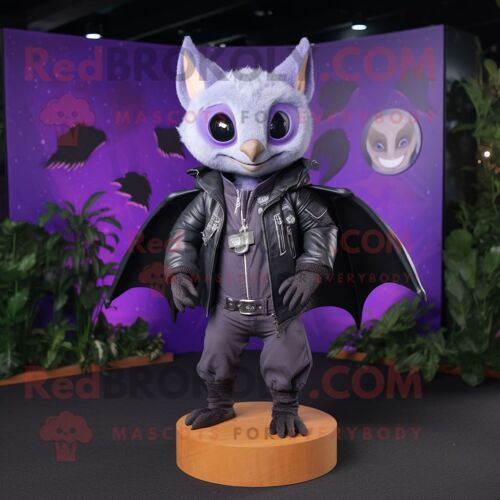 Personnage De Costume De Mascotte Redbrokoly De Chauve-Souris Violette Vêtu D'une Veste En Cuir Et D'épinglettes