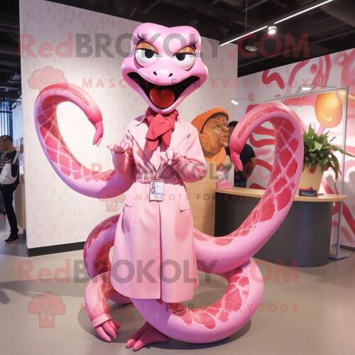 Mascotte Redbrokoly De Personnage De Serpent Rose Habillé D'un Manteau Et De Pinces À Cheveux