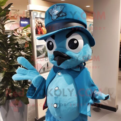 Mascotte Redbrokoly De Personnage De Geai Bleu Turquoise Habillé D'un Manteau Et D'épingles À Chapeau