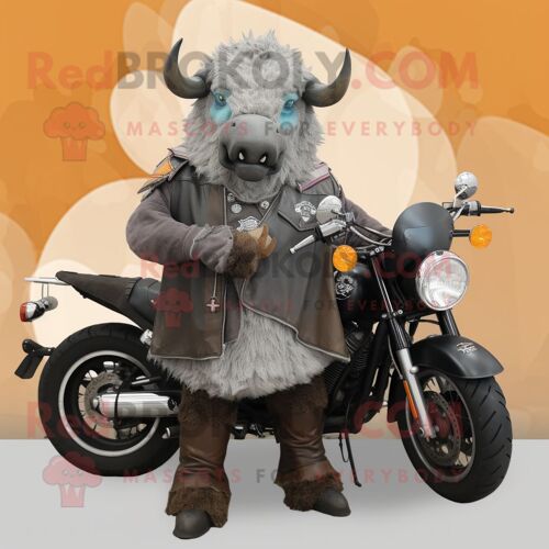 Personnage De Costume De Mascotte Redbrokoly De Rhinocéros Laineux Gris Habillé D'une Veste De Motard Et De Châles