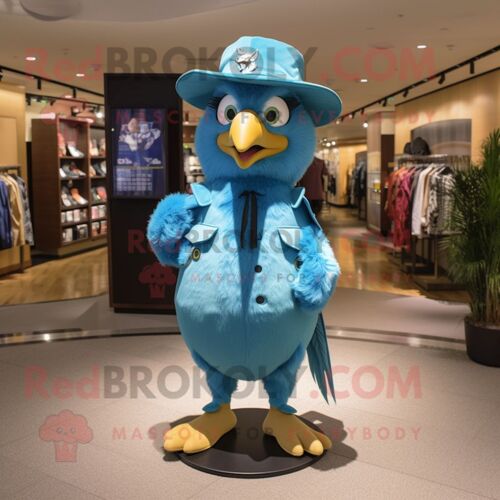 Mascotte Redbrokoly De Personnage De Geai Bleu Turquoise Habillé D'un Manteau Et D'épingles À Chapeau