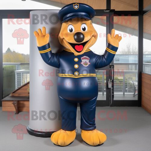 Mascotte Redbrokoly De Personnage De Hot-Dog Bleu Marine Habillé D'une Veste En Cuir Et De Coussinets Pour Les Pieds