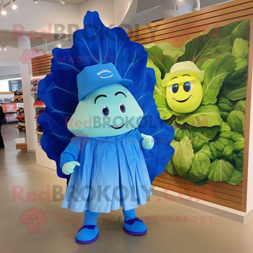 Personnage De Costume De Mascotte Redbrokoly De Feuille De Chou Bleu Habillé D'un Coupe-Vent Et De Chapeaux