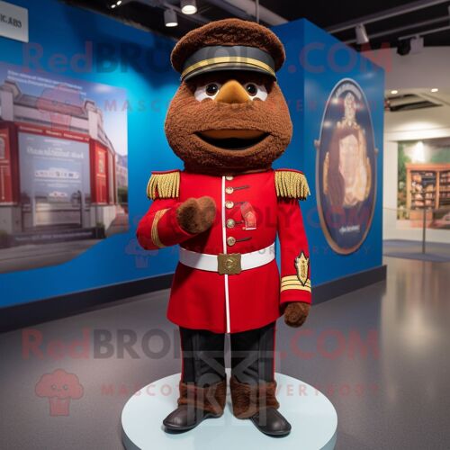 Personnage De Costume De Mascotte Redbrokoly De La Garde Royale Britannique Marron Habillé D'une Barboteuse Et D'écharpes