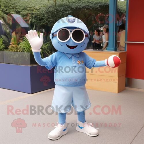 Costume Mascotte Redbrokoly Boule De Pétanque Bleu Ciel Habillé D'un Short En Jean Et De Porte-Clés