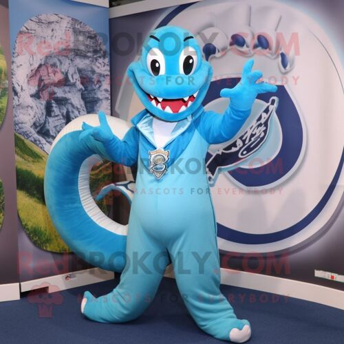 Personnage De Costume De Mascotte Redbrokoly D'hydre Bleu Ciel Habillé D'un Blazer Et D'anneaux