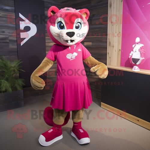 Personnage De Costume De Mascotte Redbrokoly Puma Magenta Habillé D'une Jupe Plissée Et De Lacets De Chaussures