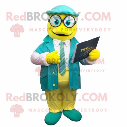 Mascotte Redbrokoly De Personnage De Costume De Citron Bleu Sarcelle Habillé D'un Blazer Et De Lunettes De Lecture
