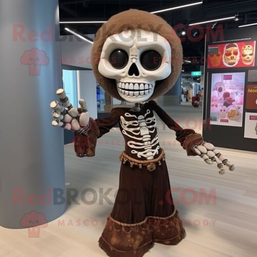 Personnage De Costume De Mascotte Redbrokoly De Crâne Marron Habillé D'une Robe De Soirée Et De Bracelets