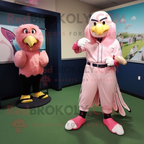 Personnage De Costume De Mascotte Redbrokoly D'aigle Chauve Rose Habillé D'un Tee-Shirt De Baseball Et D'épingles À Cheveux