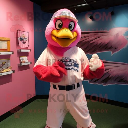 Personnage De Costume De Mascotte Redbrokoly D'aigle Chauve Rose Habillé D'un Tee-Shirt De Baseball Et D'épingles À Cheveux