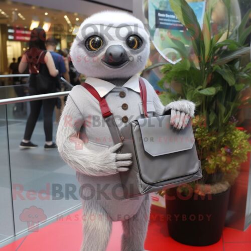 Mascotte Redbrokoly De Paresseux Argenté Habillé D'une Jupe Crayon Et De Portefeuilles