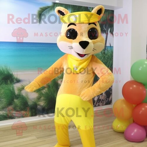 Personnage De Costume De Mascotte Redbrokoly De Martre Jaune Citron Habillé D'un Bikini Et De Bandeaux