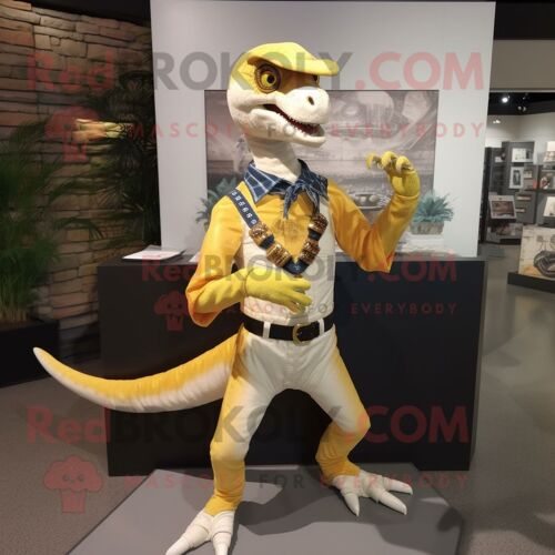Mascotte Redbrokoly De Velociraptor Crème Personnage Déguisement Habillé D'un Jeans Flare Et De Montres Bracelet