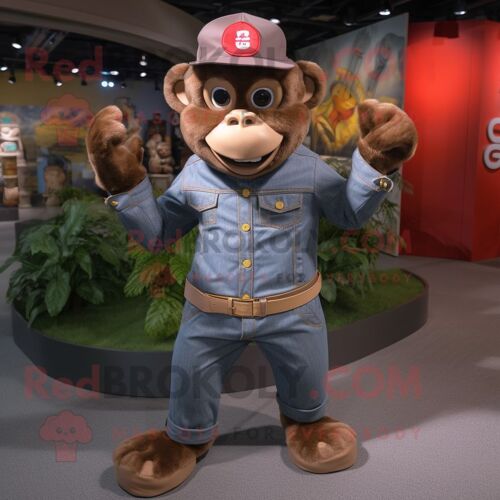 Mascotte Redbrokoly De Personnage De Singe Marron Habillé D'un Jean Et De Bagues