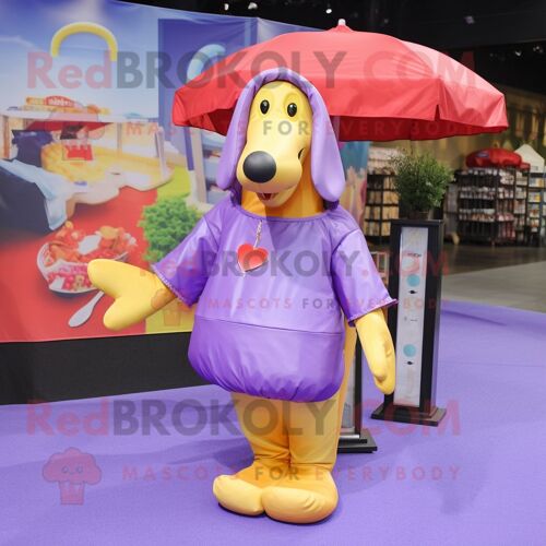 Personnage De Costume De Mascotte Redbrokoly Hot Dog Violet Habillé D'un Imperméable Et De Sacs À Main