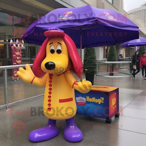 Personnage De Costume De Mascotte Redbrokoly Hot Dog Violet Habillé D'un Imperméable Et De Sacs À Main
