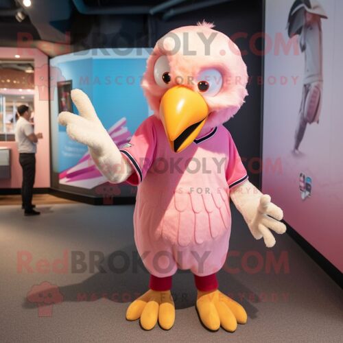 Personnage De Costume De Mascotte Redbrokoly D'aigle Chauve Rose Habillé D'un Tee-Shirt De Baseball Et D'épingles À Cheveux