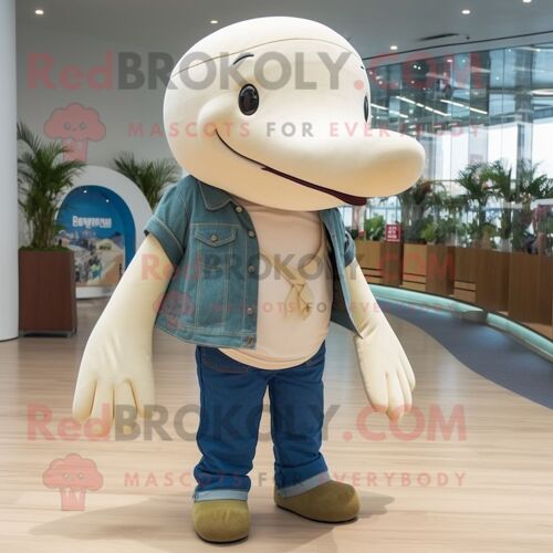 Personnage De Costume De Mascotte Redbrokoly De Baleine À Bosse Beige Habillé D'un Jean Skinny Et De Colliers