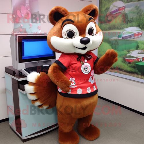 Personnage De Costume De Mascotte Redbrokoly De Panda Rouge Brun Habillé D'une Jupe Trapèze Et De Montres Numériques