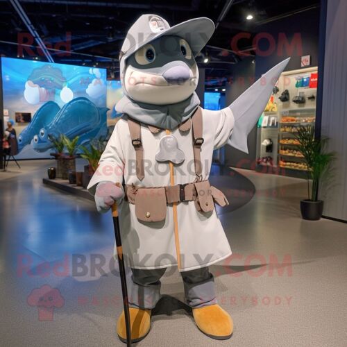 Costume De Mascotte Redbrokoly D'espadon Gris Habillé D'une Parka Et De Broches