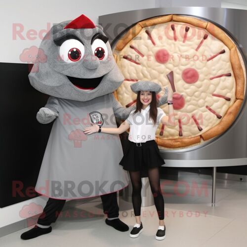 Mascotte Redbrokoly De Personnage De Tranche De Pizza Grise Habillée D'une Mini Jupe Et D'un Bracelet Montres