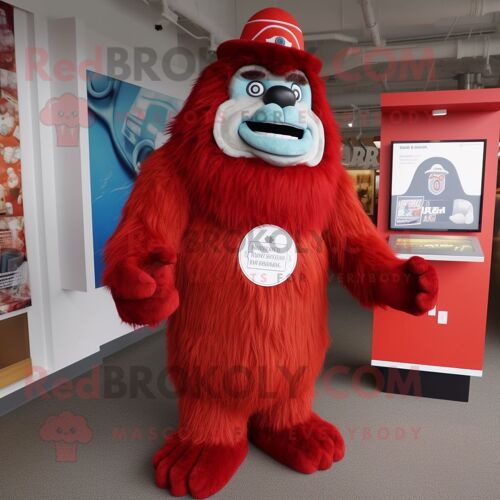 Personnage De Costume De Mascotte Redbrokoly De Yéti Rouge Habillé D'un Costume Et D'épingles À Chapeau