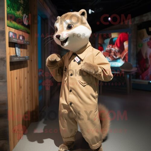 Personnage De Costume De Mascotte Redbrokoly Tan Marten Habillé D'une Combinaison Et D'épinglettes
