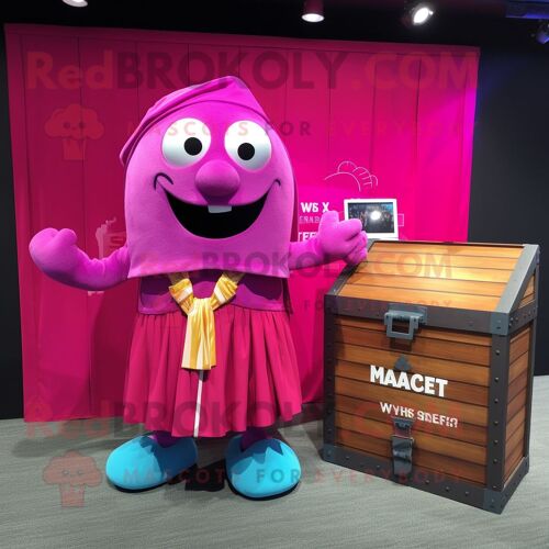 Personnage De Costume De Mascotte Redbrokoly De Coffre Au Trésor Magenta Habillé D'une Jupe Portefeuille Et De Pochettes