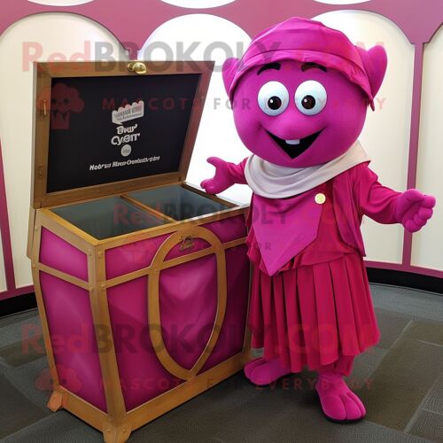 Personnage De Costume De Mascotte Redbrokoly De Coffre Au Trésor Magenta Habillé D'une Jupe Portefeuille Et De Pochettes