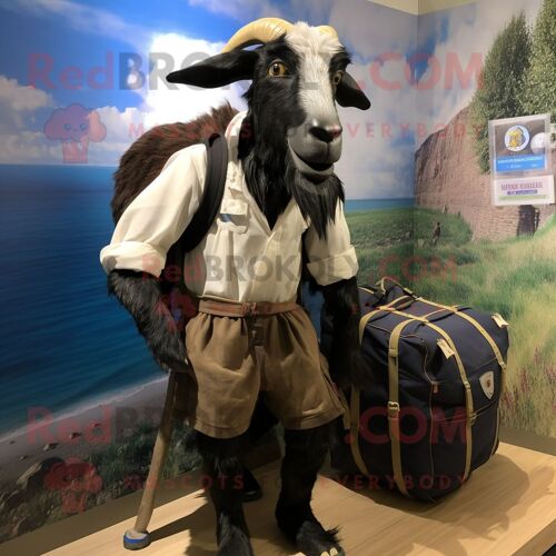 Personnage De Costume De Mascotte Redbrokoly De Chèvre Boer Noire Habillé D'une Chemise Oxford Et De Sacs À Dos