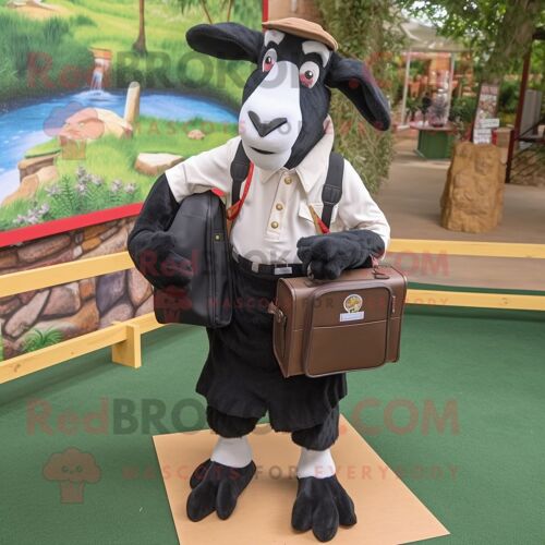 Personnage De Costume De Mascotte Redbrokoly De Chèvre Boer Noire Habillé D'une Chemise Oxford Et De Sacs À Dos