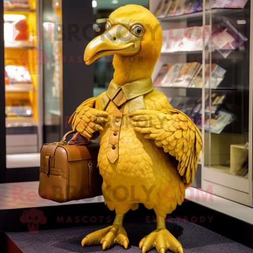 Personnage De Costume De Mascotte Redbrokoly Dodo Bird Doré Habillé D'un Pantalon Et De Portefeuilles
