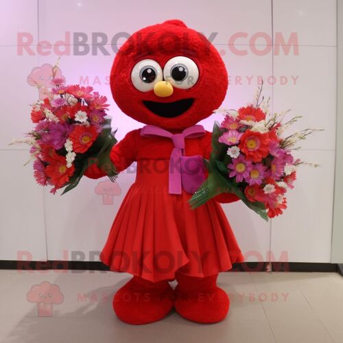 Personnage De Costume De Mascotte Redbrokoly De Bouquet De Fleurs Rouge Habillé D'une Jupe Et De Porte-Clés