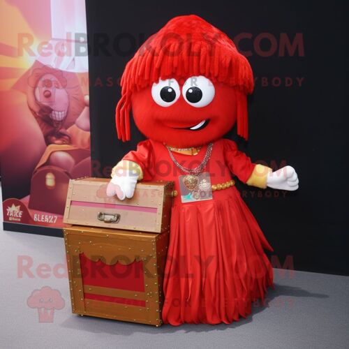 Personnage De Costume De Mascotte Redbrokoly De Coffre Au Trésor Rouge Habillé D'une Jupe Plissée Et De Bracelets