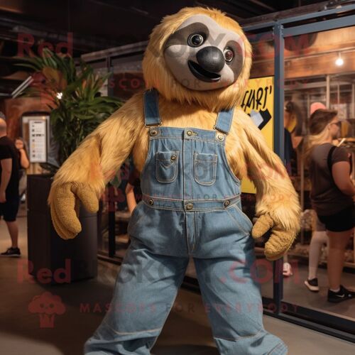 Personnage De Costume De Mascotte Redbrokoly Gold Giant Sloth Habillé D'une Chemise En Jean Et De Ceintures De Smoking