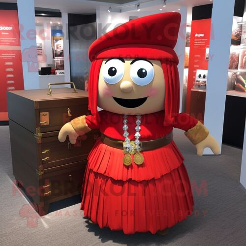 Personnage De Costume De Mascotte Redbrokoly De Coffre Au Trésor Rouge Habillé D'une Jupe Plissée Et De Bracelets