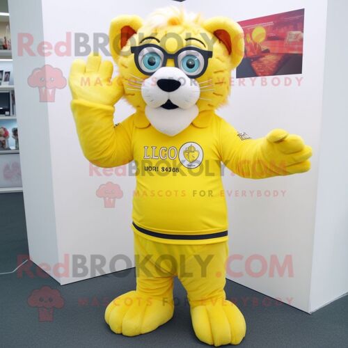 Personnage De Costume De Mascotte Redbrokoly De Lion Jaune Citron Habillé D'un Rash Guard Et De Lunettes De Lecture