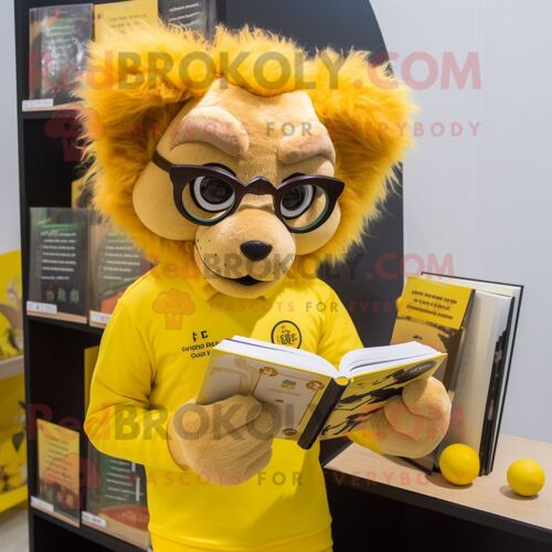 Personnage De Costume De Mascotte Redbrokoly De Lion Jaune Citron Habillé D'un Rash Guard Et De Lunettes De Lecture