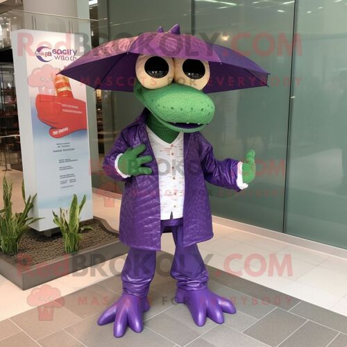 Personnage De Costume De Mascotte Redbrokoly De Crocodile Violet Habillé D'un Imperméable Et De Lunettes De Lecture