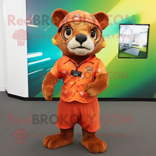 Personnage De Costume De Mascotte Redbrokoly Jaguarundi Orange Habillé D'une Chemise De Ville Et De Bandeaux