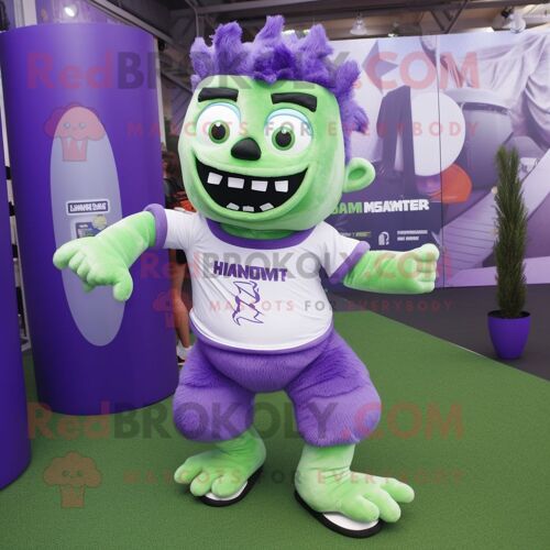 Personnage De Costume De Mascotte Redbrokoly De Lavande Frankenstein S Monster Habillé Avec Un Short De Course Et Des Sacs À Dos