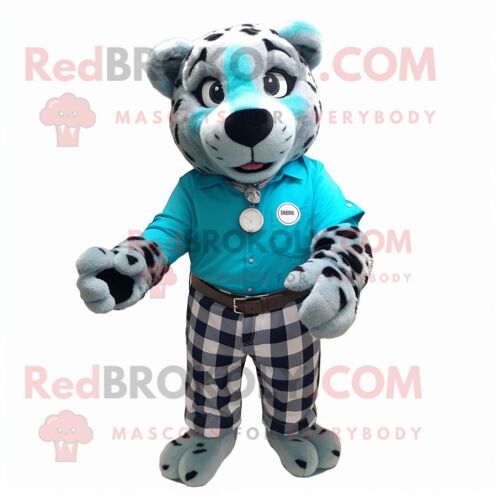 Mascotte Redbrokoly De Personnage De Léopard Cyan Vêtu D'une Chemise En Flanelle Et D'un Bracelet Montres