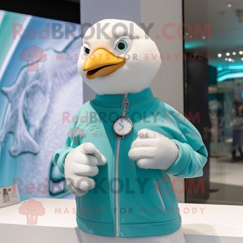 Costume De Mascotte Redbrokoly De Goéland Cyan Habillé D'un Sweat Et D'un Bracelet Montres
