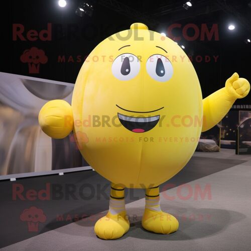 Personnage De Costume De Mascotte Redbrokoly De Boule De Canon Humain Jaune Citron Habillé D'un Sweat-Shirt Et De Bretelles