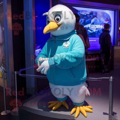 Costume De Mascotte Redbrokoly De Goéland Cyan Habillé D'un Sweat Et D'un Bracelet Montres