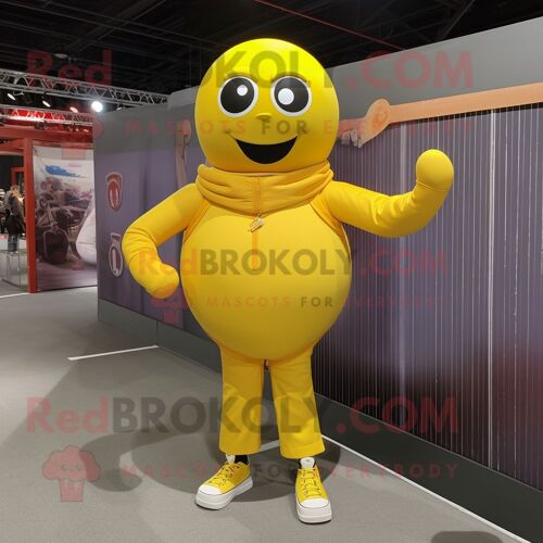 Personnage De Costume De Mascotte Redbrokoly De Boule De Canon Humain Jaune Citron Habillé D'un Sweat-Shirt Et De Bretelles