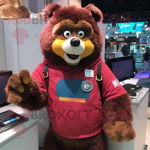 Personnage De Costume De Mascotte Redbrokoly D'ours À Lunettes Marron Vêtu D'une Salopette Et De Montres Numériques